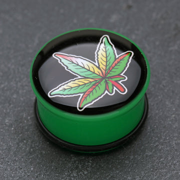 Detail View 1 of A Pair of Pot Leaf Single Flared Ear Gauge Plug-Green